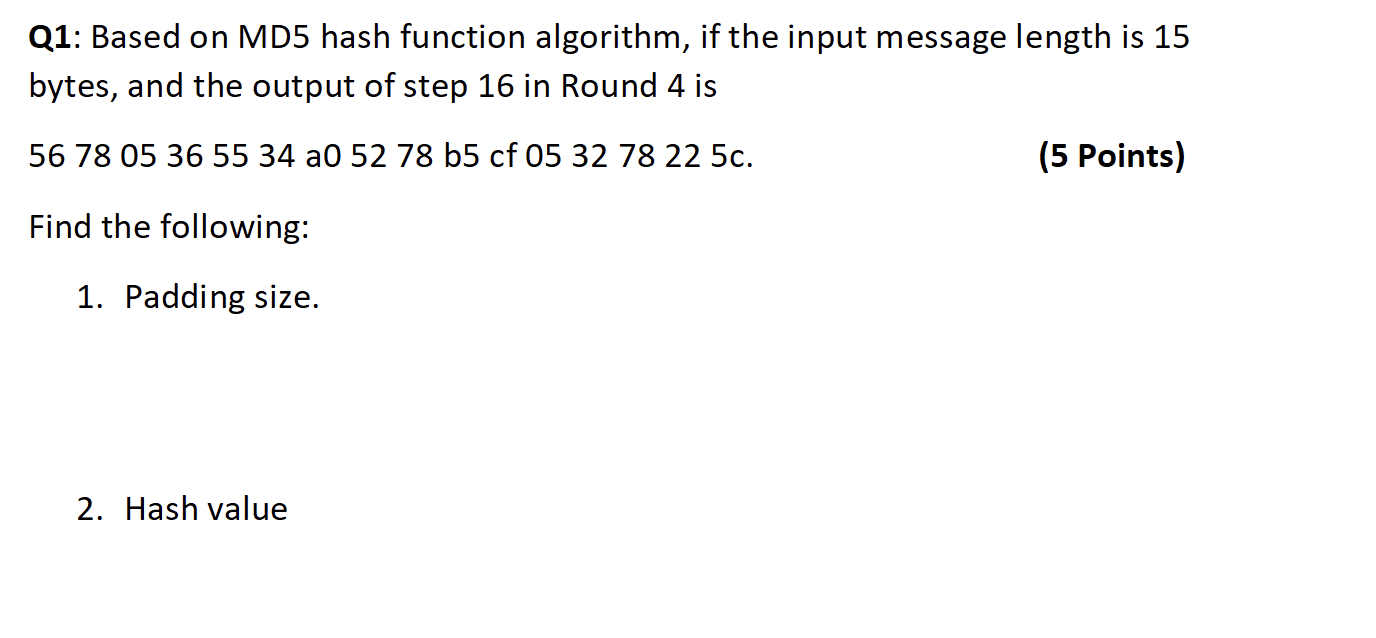 Q1 Based On Md5 Hash Function Algorithm If The Input Message Length Is 15 Bytes And The Output Of Step 16 In Round 4 1