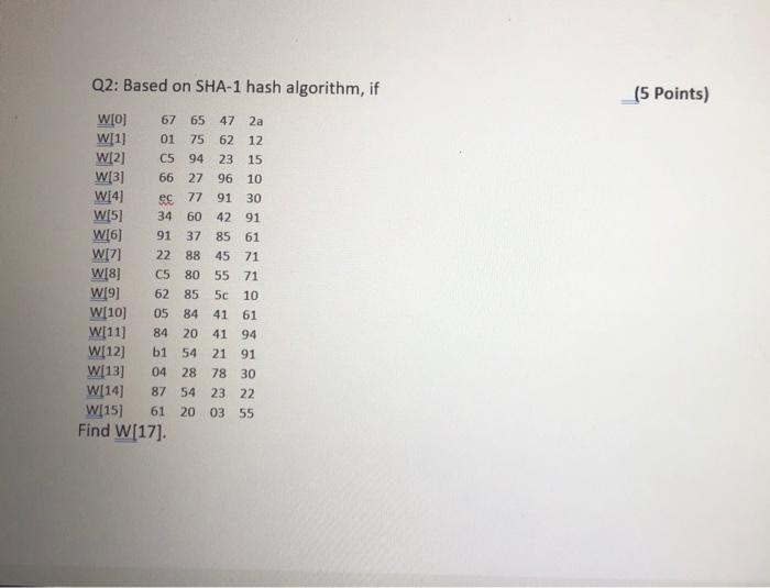 Q2 Based On Sha 1 Hash Algorithm If 5 Points Es 77 34 W O 67 65 47 2a W 1 01 75 62 12 W 2 C5 94 23 15 W 31 66 27 1