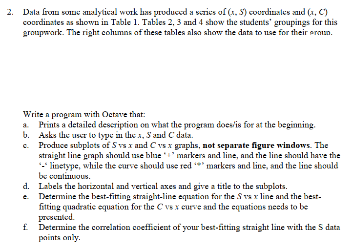 2 Data From Some Analytical Work Has Produced A Series Of X S Coordinates And X C Coordinates As Shown In Table 1 1