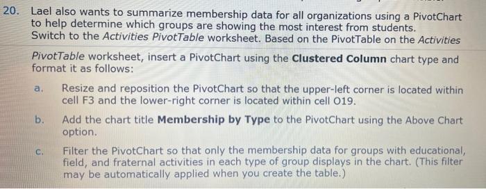 A 20 Lael Also Wants To Summarize Membership Data For All Organizations Using A Pivotchart To Help Determine Which Gro 1