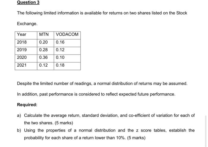 Question 3 The Following Limited Information Is Available For Returns On Two Shares Listed On The Stock Exchange Year 2 1