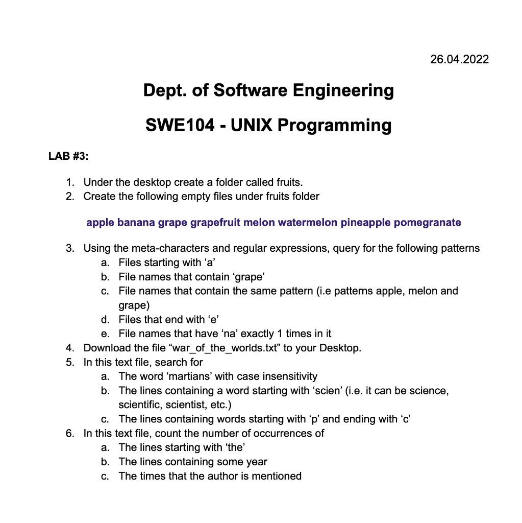 26 04 2022 Dept Of Software Engineering Swe104 Unix Programming Lab 3 1 Under The Desktop Create A Folder Called F 1