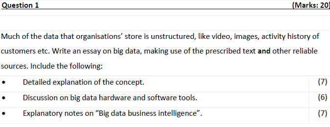 Question 1 Marks 20 Much Of The Data That Organisations Store Is Unstructured Like Video Images Activity History O 1