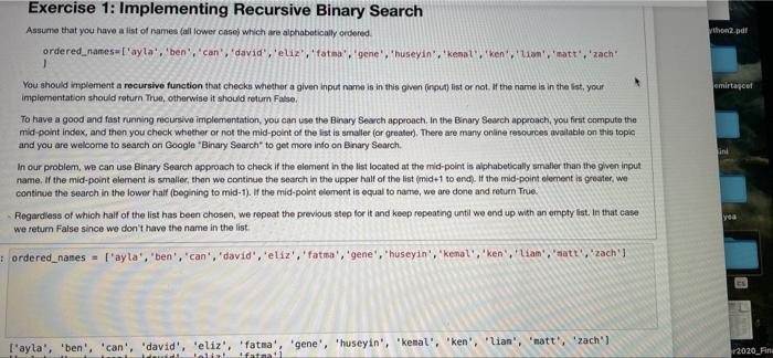Exercise 1 Implementing Recursive Binary Search Assume That You Have A List Of Rames All Lower Case Which Are Alphabe 1