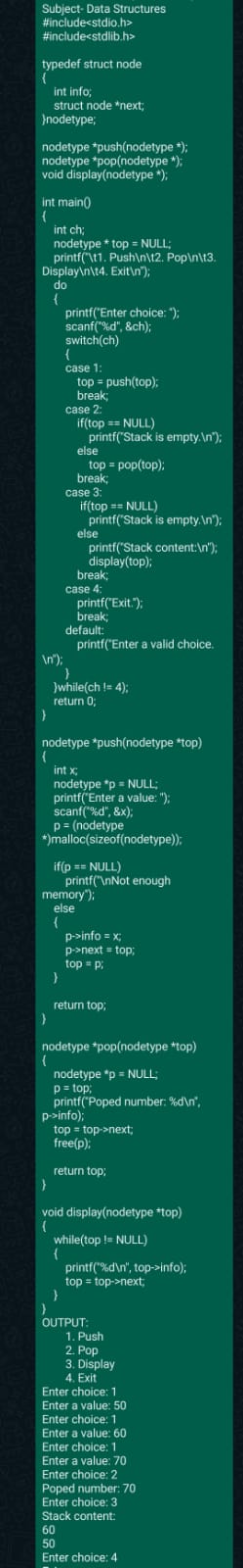 Subject Data Structures Include Stdio H Include Stdlib H Typedef Struct Node Int Info Struct Node Next Nodet 1