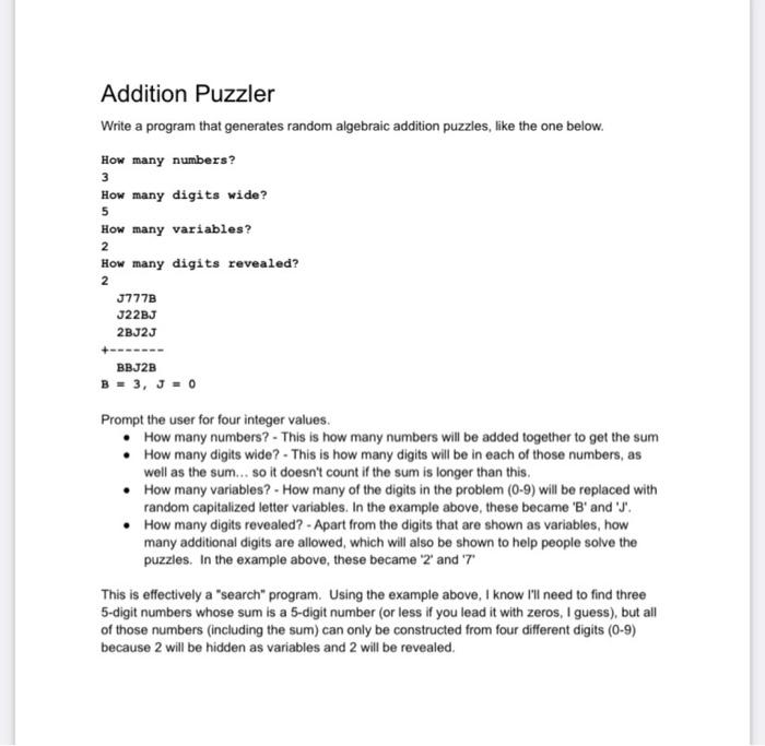 Addition Puzzler Write A Program That Generates Random Algebraic Addition Puzzles Like The One Below How Many Numbers 2