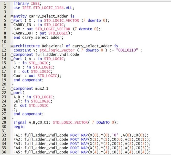 1 Library Ieee 2 Use Ieee Std Logic 1164 All 3 4 Pentity Carry Select Adder Is 5 Port X In Std Logic Vector 7 Downt 1
