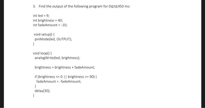 3 Find The Output Of The Following Program For Osts450 Ms Int Led 9 Int Brightness 40 Int Fadeamount 10 Void 1