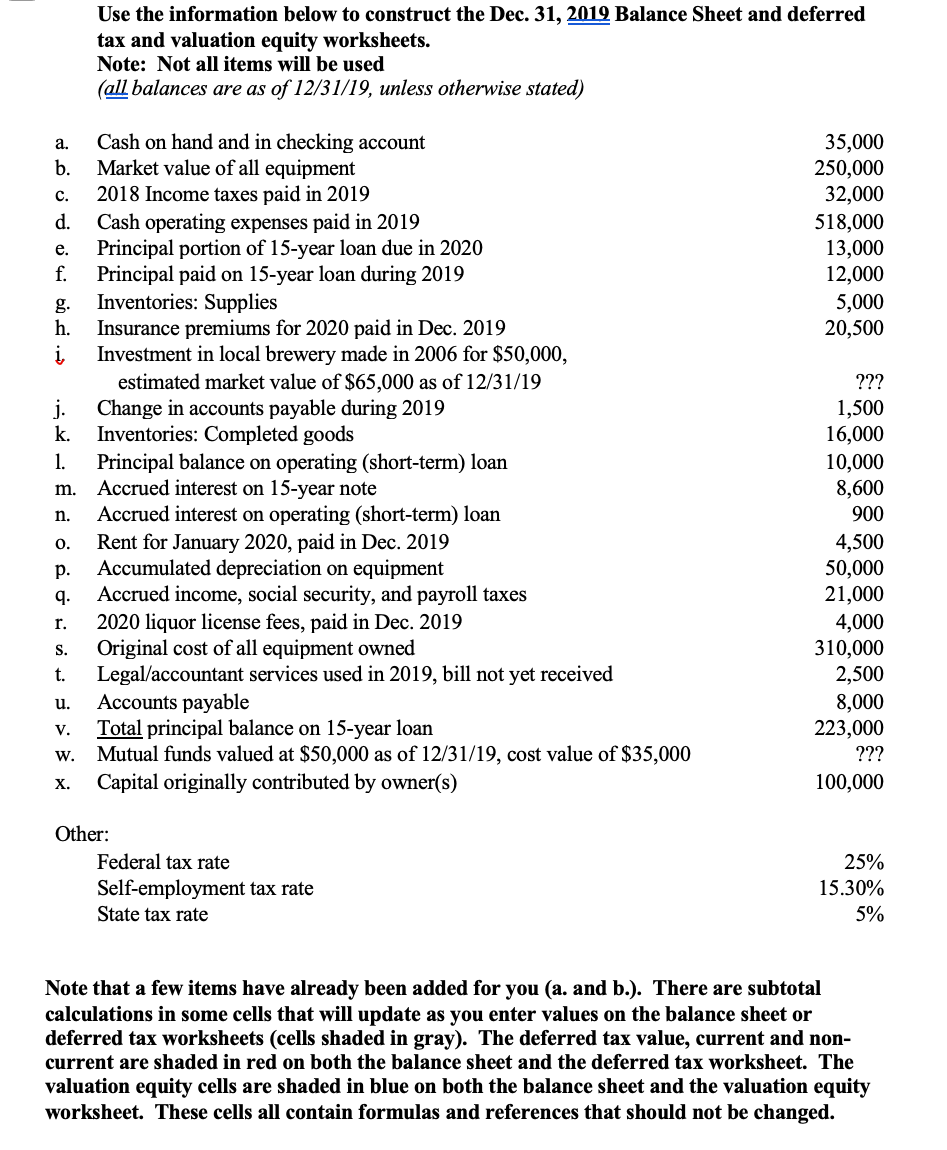 Use The Information Below To Construct The Dec 31 2019 Balance Sheet And Deferred Tax And Valuation Equity Worksheets 1