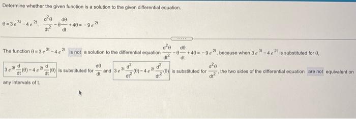 Determine Whether The Given Function Is A Solution To The Given Differential Equation 0 39 42 De 40 92 Dt Dt The Func 1