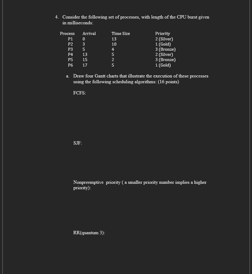4 Consider The Following Set Of Processes With Length Of The Cpu Burst Given In Milliseconds Process Time Size P1 13 P 1