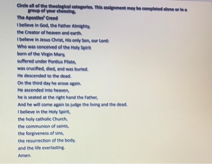 Circle All Of The Theological Categories This Assignment May Be Completed Alone Or Ina Group Of Your Choosing The Apos 1