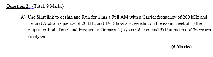 A Question 2 Total 9 Marks A Use Simulink To Design And Run For 1 Ms A Full Am With A Carrier Frequency Of 200 Khz 1