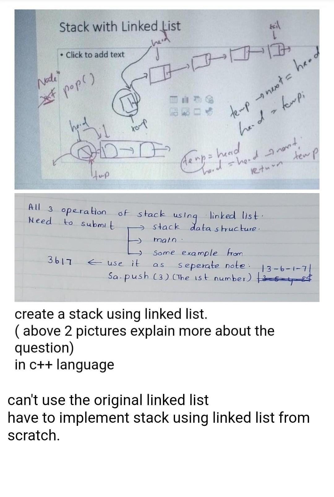Stack With Linked List Head Click To Add Text Head Node Xat Pop Temp Snext Heid Torp Hand A Tempi Dd O Tew Pl Hup 1