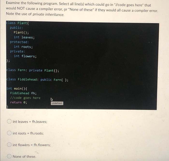 Examine The Following Program Select All Line S Which Could Go In Code Goes Here That Would Not Cause A Compiler E 2