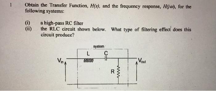 1 Obtain The Transfer Function H S And The Frequency Response H Jo For The Following Systems I A High Pass Rc F 1