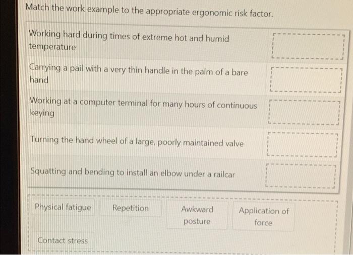 Match The Work Example To The Appropriate Ergonomic Risk Factor Working Hard During Times Of Extreme Hot And Humid Temp 1