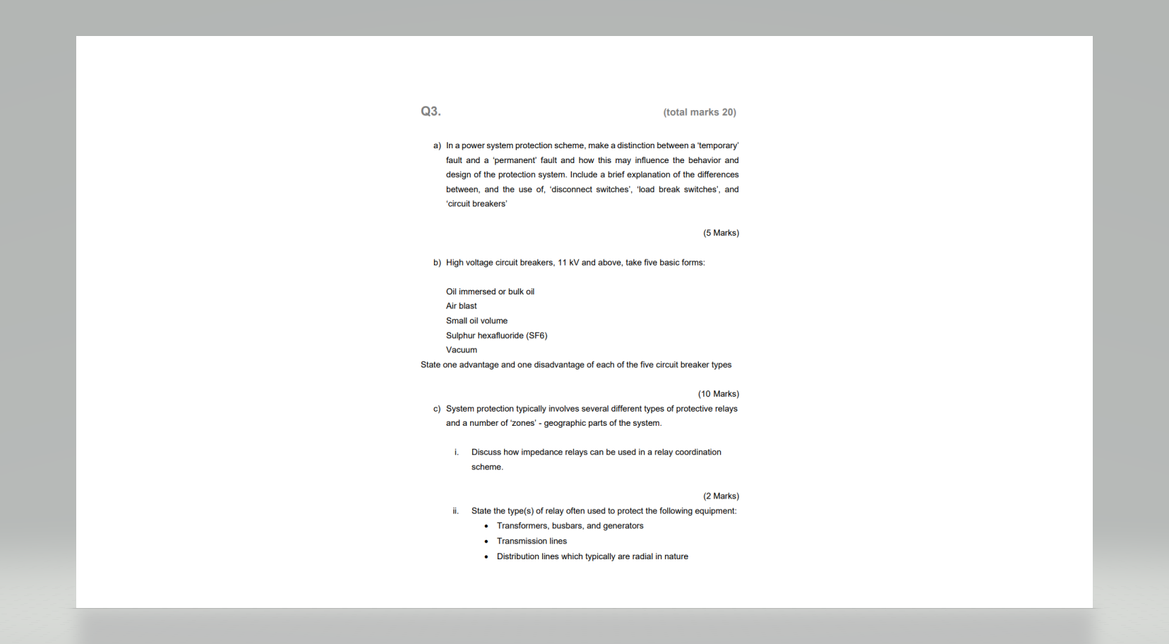 Q3 Total Marks 20 A In A Power System Protection Scheme Make A Distinction Between A Temporary Fault And A Permane 1