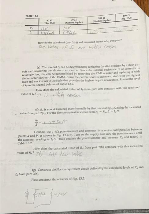 Table 13 3 100 Fle144 47 0 100 Norton Eq Norton Equi 12v Va 12v 1 1 4 How Do The Calculated Part 2 E And Measured 2