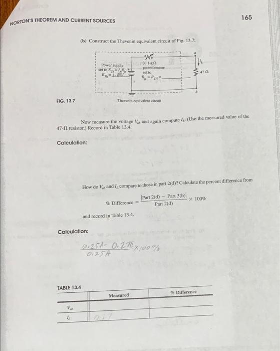 Table 13 3 100 Fle144 47 0 100 Norton Eq Norton Equi 12v Va 12v 1 1 4 How Do The Calculated Part 2 E And Measured 7