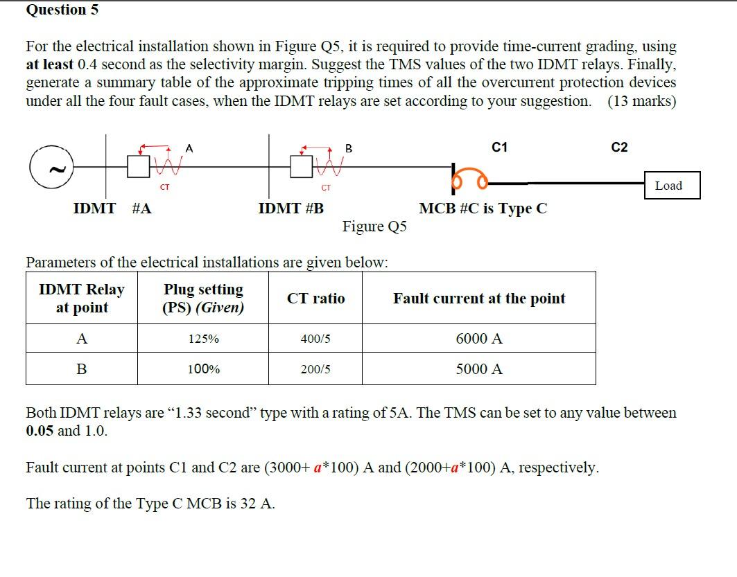 Question 5 For The Electrical Installation Shown In Figure Q5 It Is Required To Provide Time Current Grading Using At 1