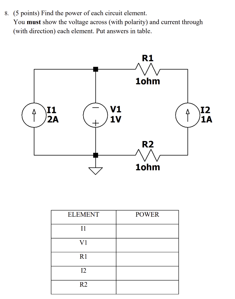 8 5 Points Find The Power Of Each Circuit Element You Must Show The Voltage Across With Polarity And Current Throu 1