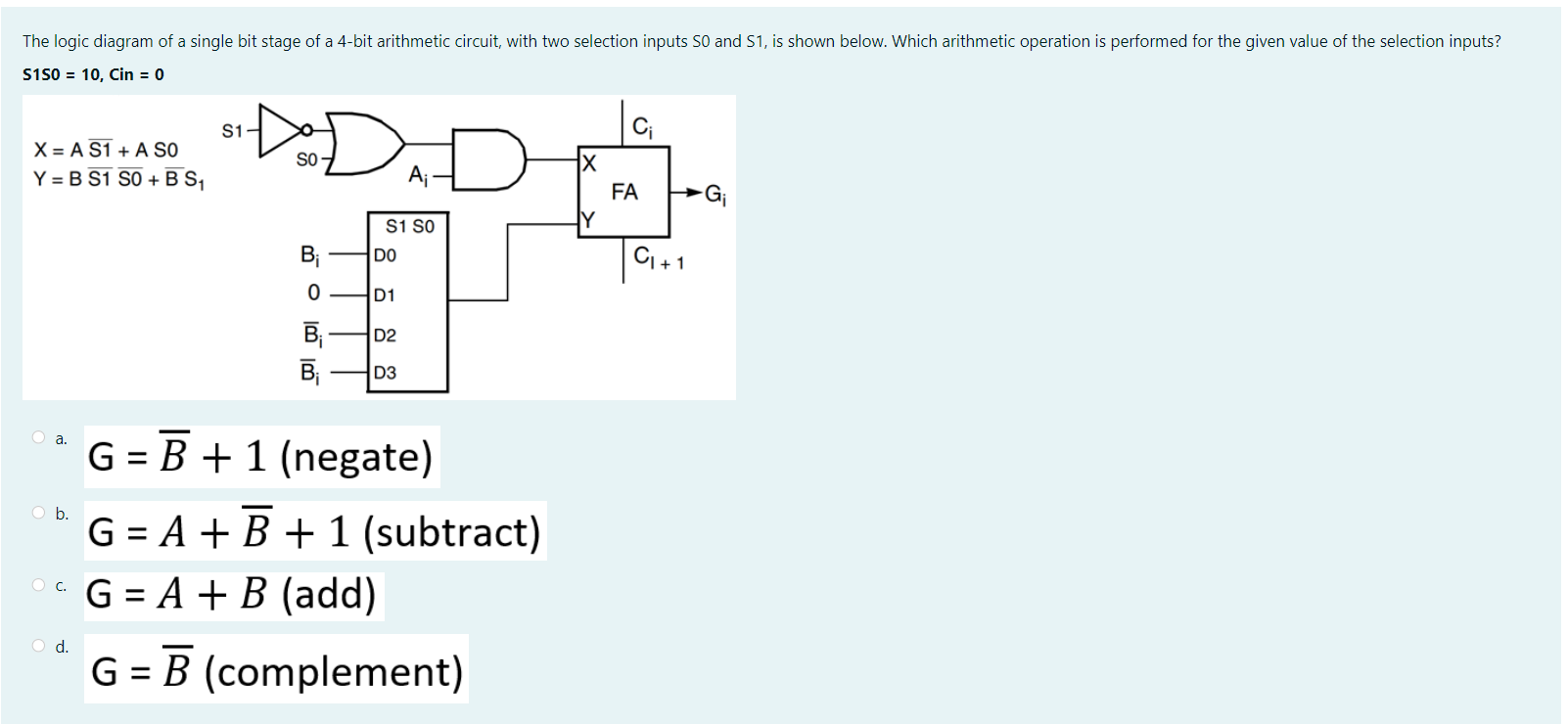 The Logic Diagram Of A Single Bit Stage Of A 4 Bit Arithmetic Circuit With Two Selection Inputs 50 And 51 Is Shown Bel 1