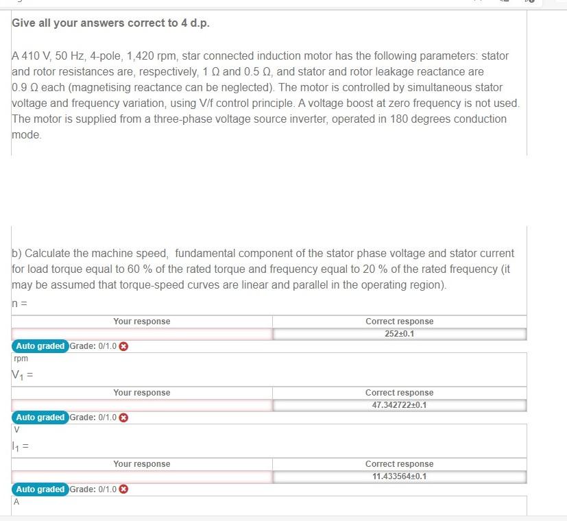 Give All Your Answers Correct To 4 D P A 410 V 50 Hz 4 Pole 1 420 Rpm Star Connected Induction Motor Has The Follow 1