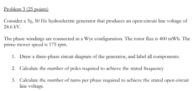 Problem 3 25 Points Consider A 36p 50 Hz Hydroelectric Generator That Produces An Open Circuit Line Voltage Of 24 6 K 1