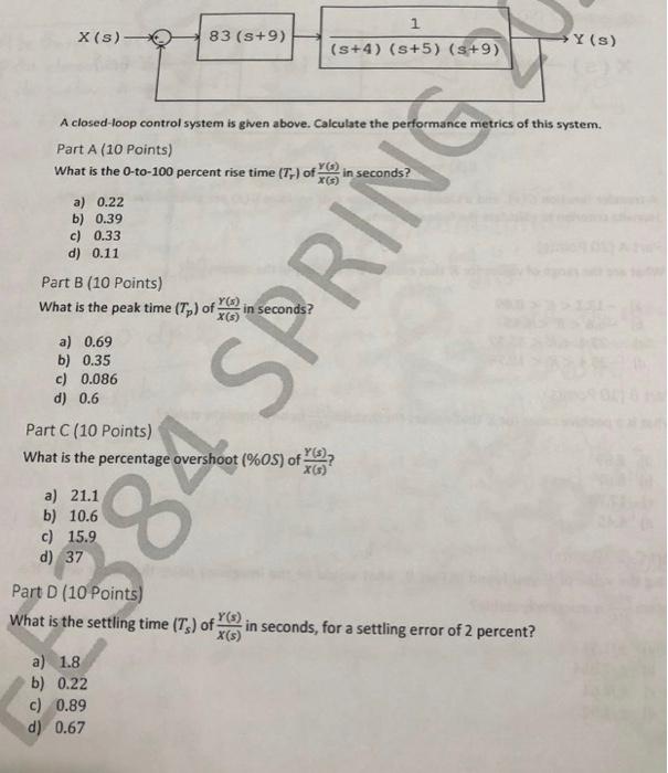 1 X S 83 9 Y S 4 5 5 S 9 Metrics Of This System Xs A Closed Loop Control System Is Given Above Calculate 1
