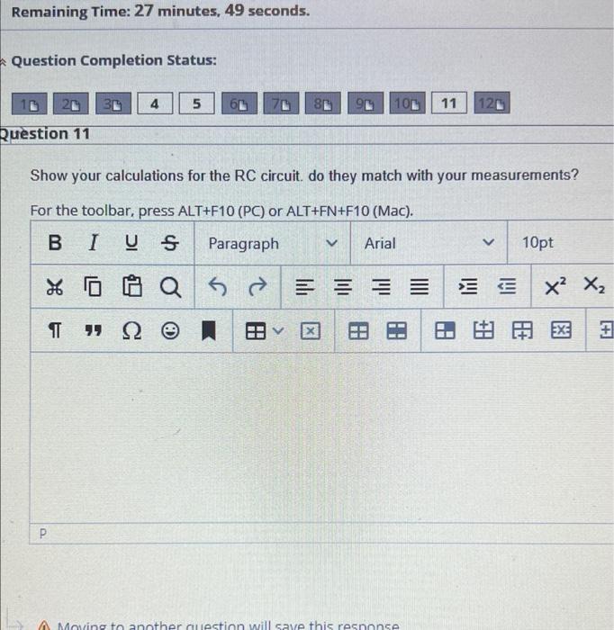 Remaining Time 27 Minutes 49 Seconds Question Completion Status 4 5 93 100 11 120 Question 11 Show Your Calculations 1