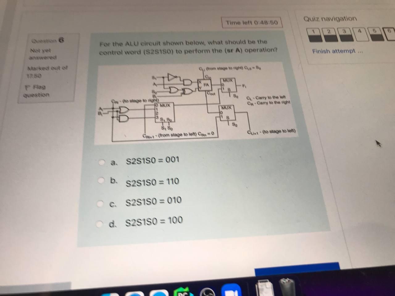Quiz Navigation Time Left 0 48 50 2 3 A 5 For The Alu Circuit Shown Below What Should Be The Control Word S2s180 To P 1