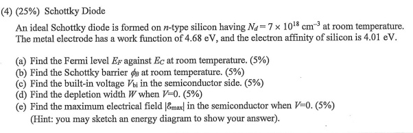 4 25 Schottky Diode An Ideal Schottky Diode Is Formed On N Type Silicon Having Na 7x 108 Cm At Room Temperature Th 1