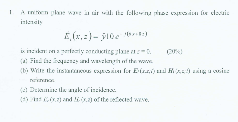 A Uniform Plane Wave In Air With The Following Phase Expression For Electric Intensity E X Z G10 E J 6x 8 Is Incide 1