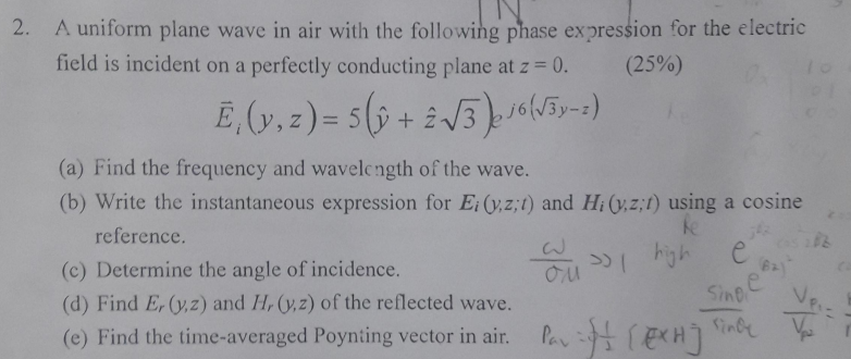 2 A Uniform Plane Wave In Air With The Following Phase Expression For The Electric Field Is Incident On A Perfectly Con 1