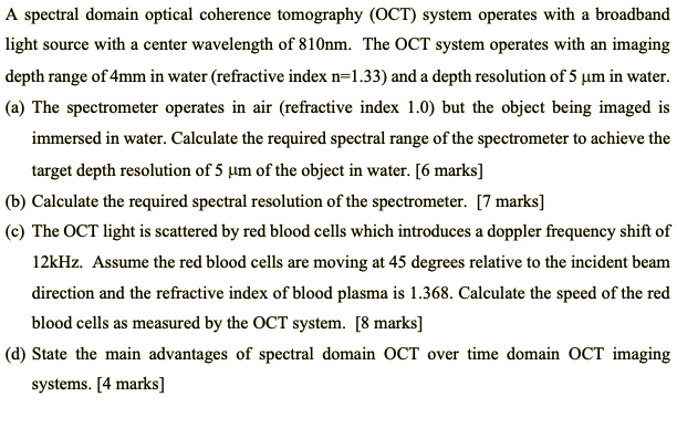 A Spectral Domain Optical Coherence Tomography Oct System Operates With A Broadband Light Source With A Center Wavelen 1