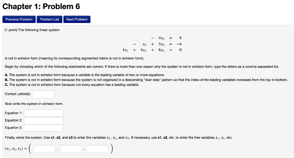 Chapter 1 Problem 6 Previous Problem Problem List Next Problem 1 Point The Following Linear System 8 4x3 5x3 6x3 1