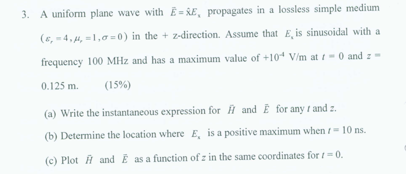 3 A Uniform Plane Wave With E Ex Propagates In A Lossless Simple Medium 4 H 1 0 0 In The Z Direction Ass 1