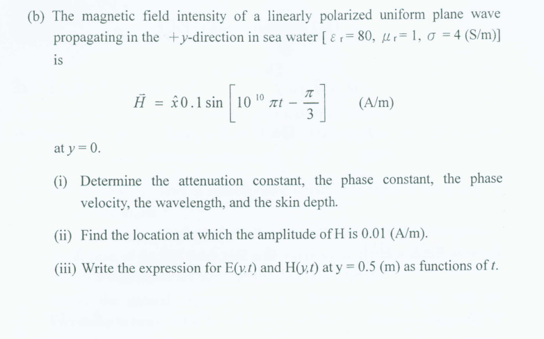 B The Magnetic Field Intensity Of A Linearly Polarized Uniform Plane Wave Propagating In The Y Direction In Sea Water 1