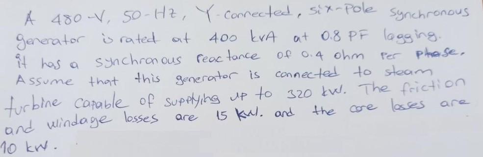 K 480v 50 Hz Y Connected Six Pole Synchronous Generator Is Rated At 400 Kva At 0 8 Pf Logging It Has A Synchronous 1
