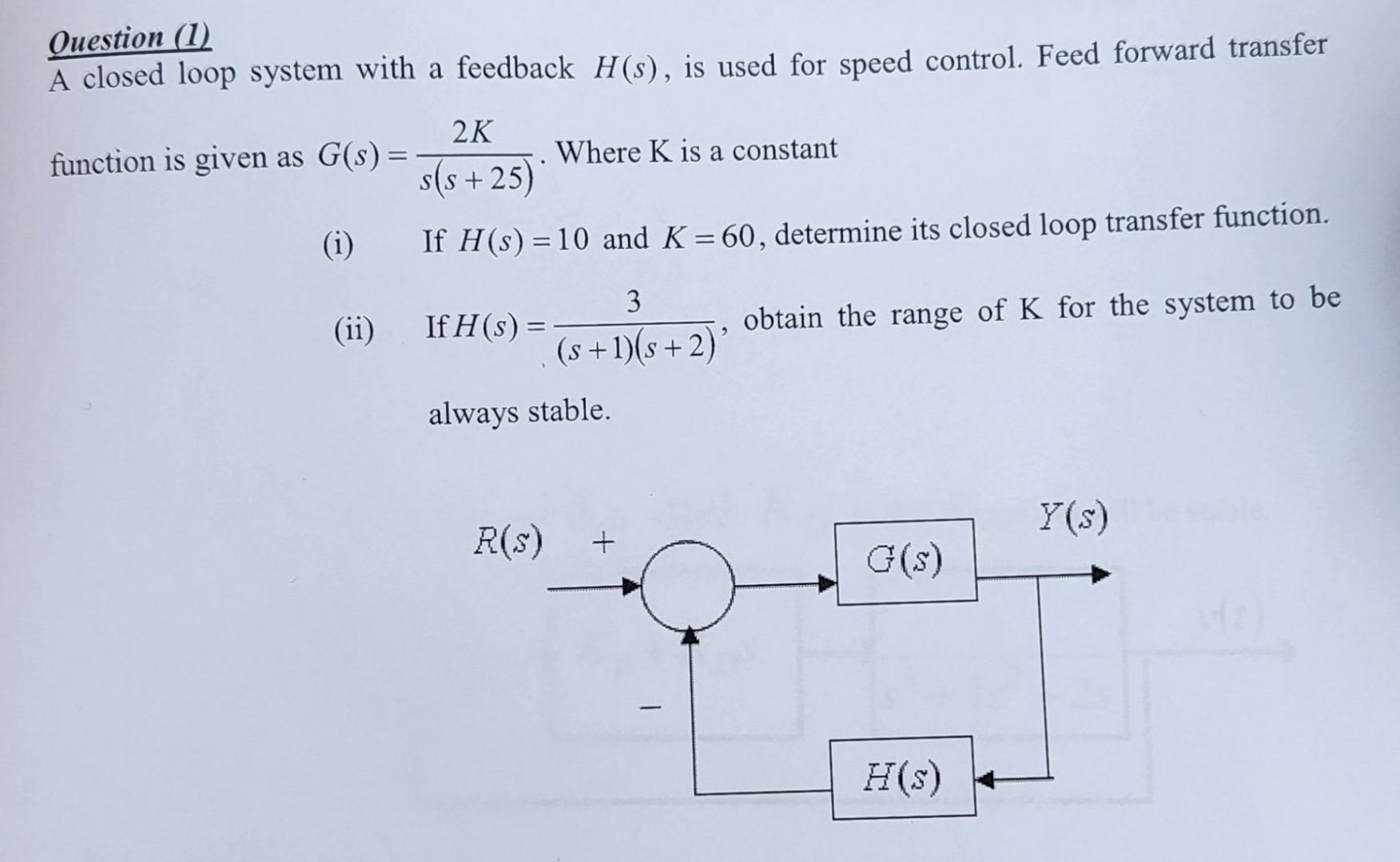 Question 1 A Closed Loop System With A Feedback H S Is Used For Speed Control Feed Forward Transfer 2k Function Is 1