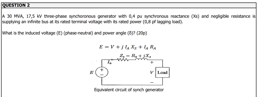 Question 2 A 30 Mva 17 5 Kv Three Phase Synchoronous Generator With 0 4 Pu Synchronous Reactance Xs And Negligible Re 1