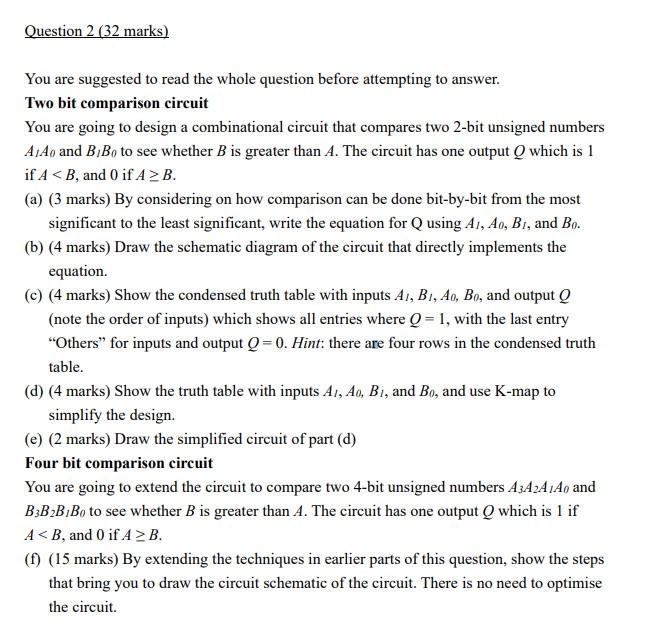 Question 2 32 Marks You Are Suggested To Read The Whole Question Before Attempting To Answer Two Bit Comparison Circu 1