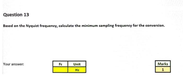 Question 13 Based On The Nyquist Frequency Calculate The Minimum Sampling Frequency For The Conversion Your Answer Es 1