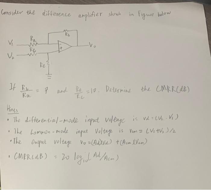 Consider The Difference Amplifier Shown In Figure Below Rb Ra V V Vo Rc V Re If Rk 9 And Re 10 Determine The Cmrr 1
