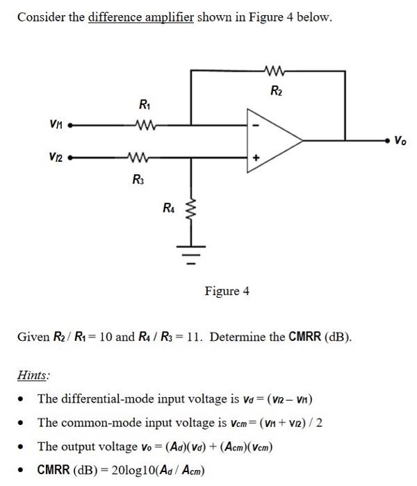 Consider The Difference Amplifier Shown In Figure Below Rb Ra V V Vo Rc V Re If Rk 9 And Re 10 Determine The Cmrr 3