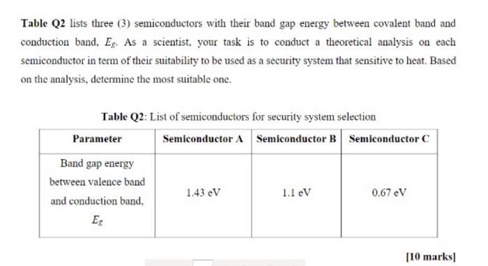 Table Q2 Lists Three 3 Semiconductors With Their Band Gap Energy Between Covalent Band And Conduction Band Eg As A S 1