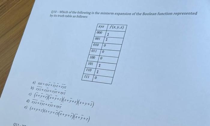 Q10 Which Of The Following Is The Minterm Expansion Of The Boolean Function Represented By Its Truth Table As Follows 1