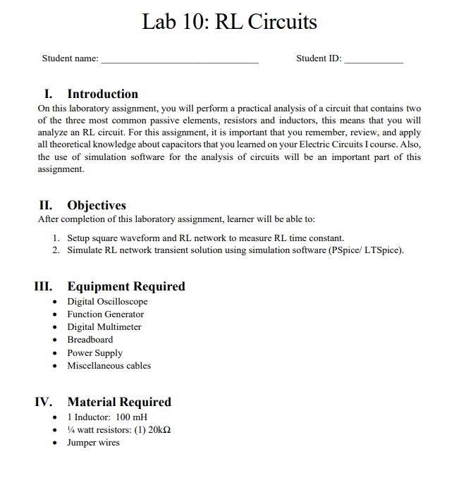 Lab 10 Rl Circuits Student Name Student Id I Introduction On This Laboratory Assignment You Will Perform A Practica 1
