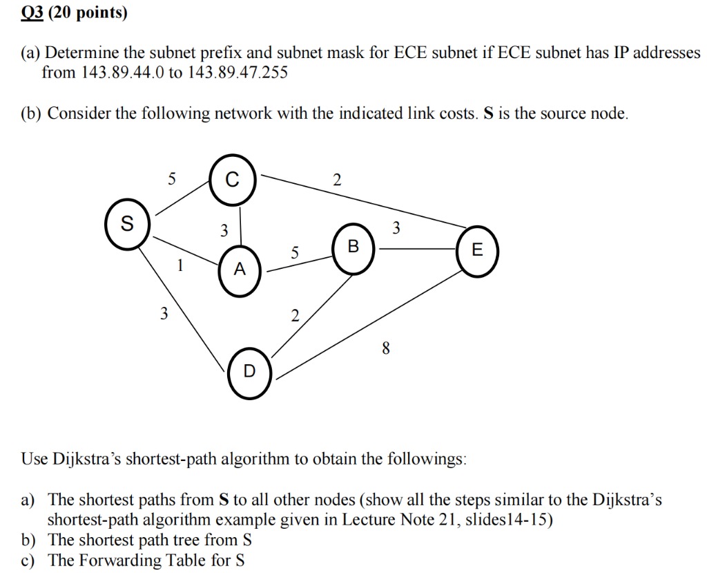 Q3 20 Points A Determine The Subnet Prefix And Subnet Mask For Ece Subnet If Ece Subnet Has Ip Addresses From 143 89 1